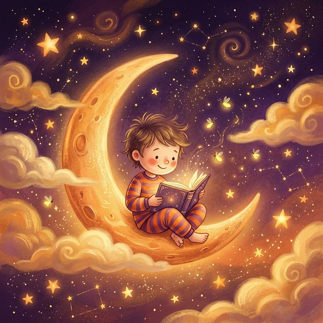 Child reading a storybook on a crescent moon